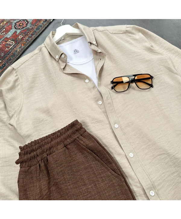 Erkek Bej Krinkıl Keten Gömlek & Kahverengi Pantolon Takım