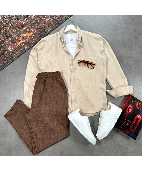 Erkek Bej Krinkıl Keten Gömlek & Kahverengi Pantolon Takım