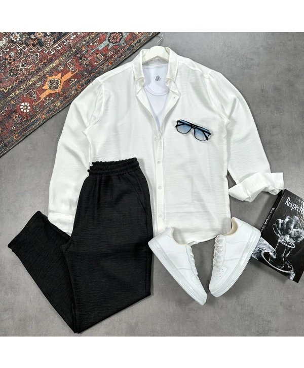 Erkek Beyaz Krinkıl Keten Gömlek & Siyah Pantolon Takım