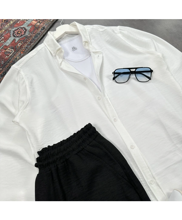 Erkek Beyaz Krinkıl Keten Gömlek & Siyah Pantolon Takım