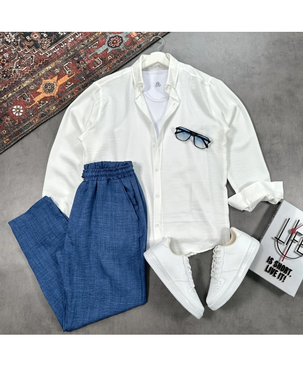 Erkek Beyaz Krinkıl Keten Gömlek & Lacivert Pantolon Takım