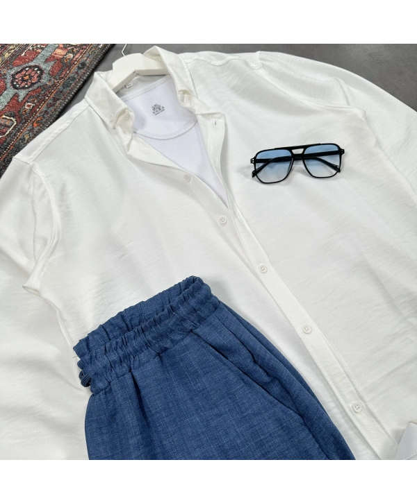 Erkek Beyaz Krinkıl Keten Gömlek & Lacivert Pantolon Takım