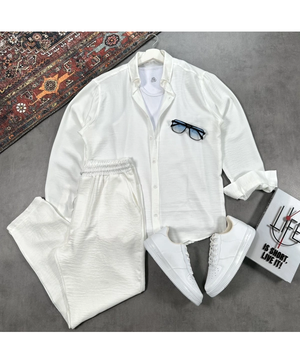 Erkek Beyaz Krinkıl Keten Gömlek & Beyaz Pantolon Takım