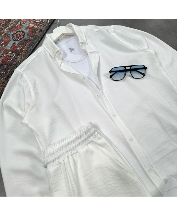 Erkek Beyaz Krinkıl Keten Gömlek & Beyaz Pantolon Takım