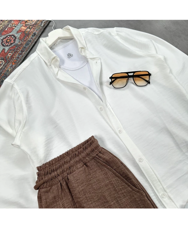 Erkek Beyaz Krinkıl Keten Gömlek & Kahverengi Pantolon Takım