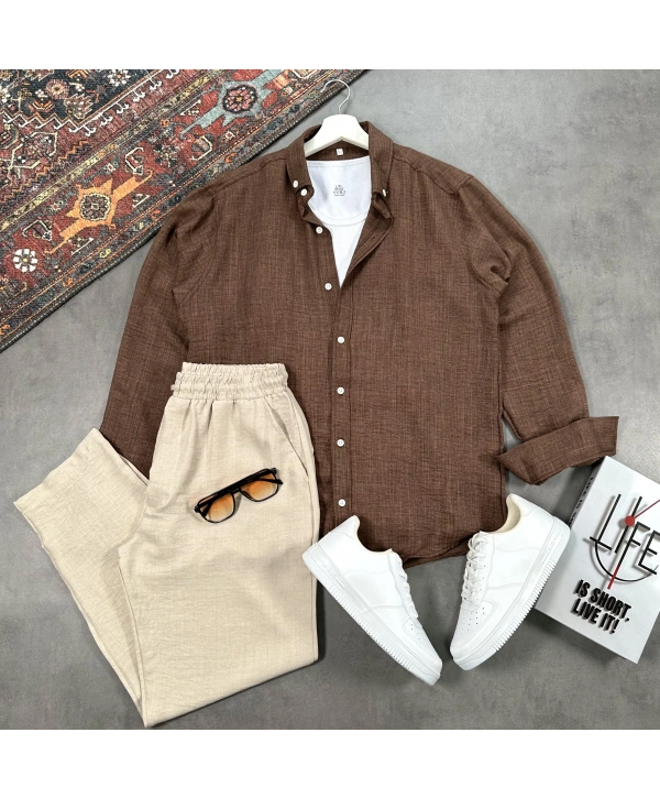 Erkek Kahverengi Krinkıl Keten Gömlek & Bej Pantolon Takım