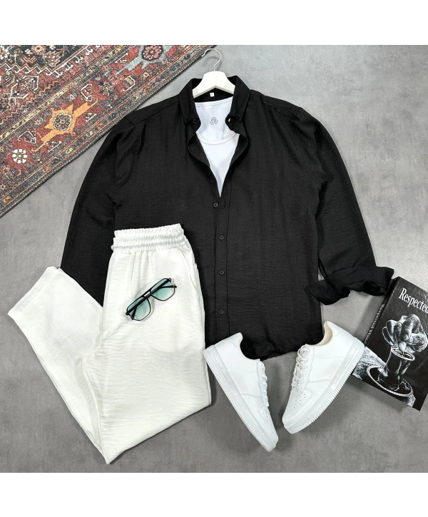 Erkek Siyah Krinkıl Keten Gömlek & Beyaz Pantolon Takım