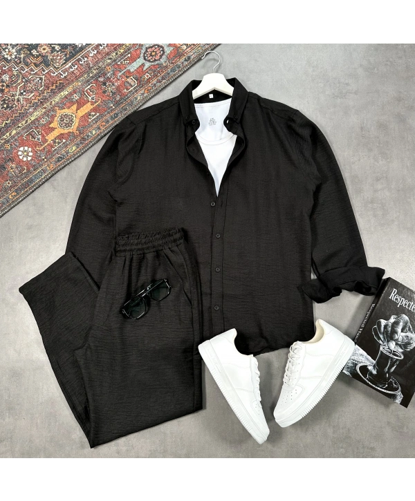 Erkek Siyah Krinkıl Keten Gömlek & Siyah Pantolon Takım