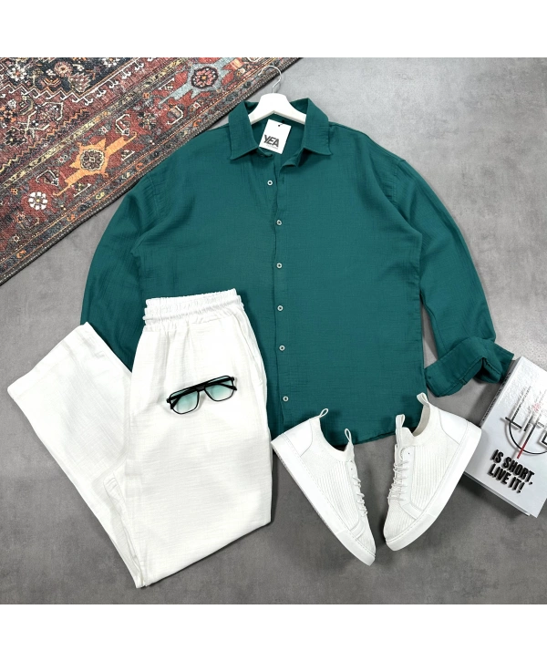 Erkek Yeşil Müslin Gömlek & Beyaz Pantolon Takım