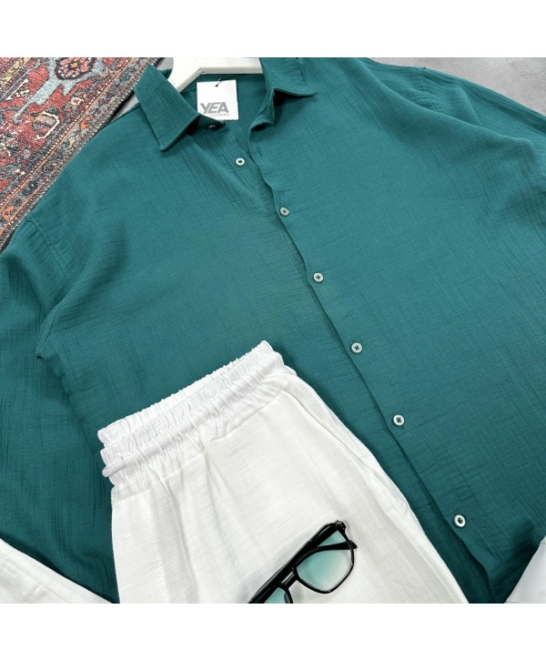 Erkek Yeşil Müslin Gömlek & Beyaz Pantolon Takım