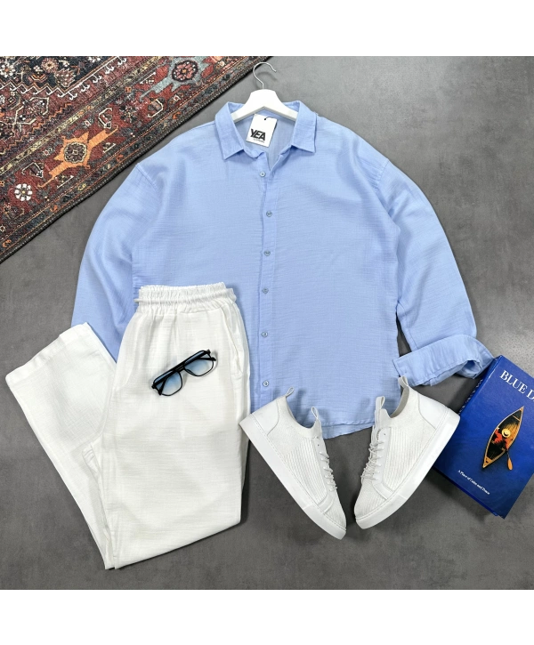 Erkek Bebe Mavi Müslin Gömlek & Beyaz Pantolon Takım