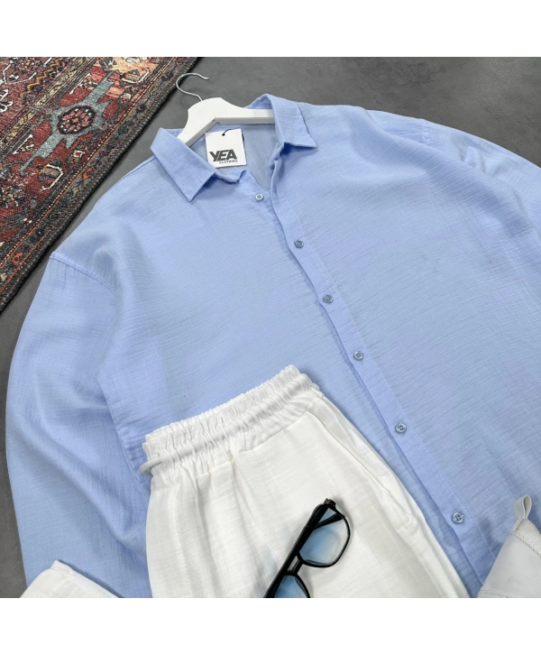 Erkek Bebe Mavi Müslin Gömlek & Beyaz Pantolon Takım