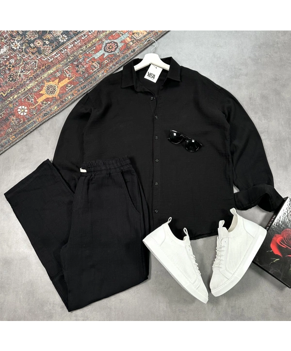 Erkek Siyah Müslin Gömlek & Siyah Pantolon Takım