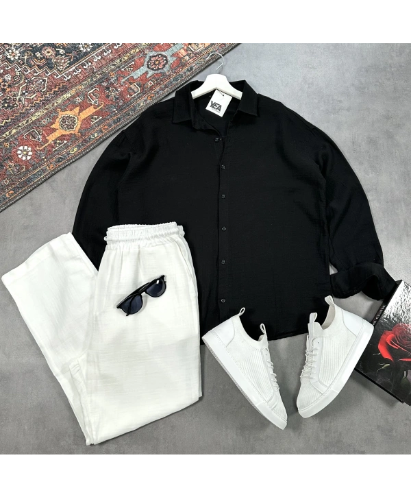 Erkek Siyah Müslin Gömlek & Beyaz Pantolon Takım