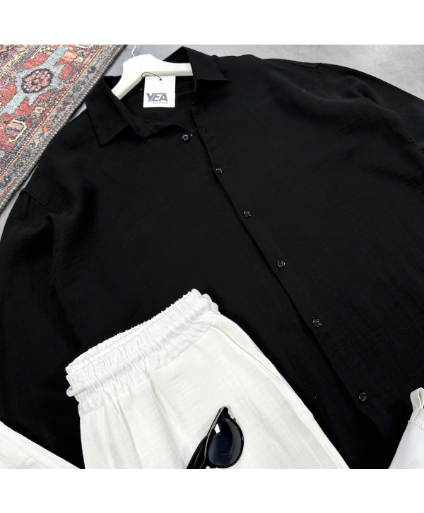 Erkek Siyah Müslin Gömlek & Beyaz Pantolon Takım