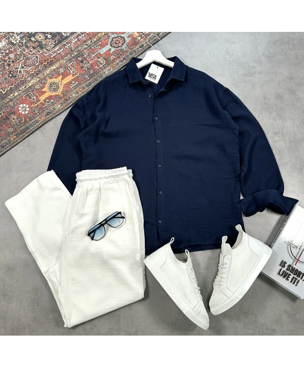 Erkek Lacivert Müslin Gömlek & Beyaz Pantolon Takım