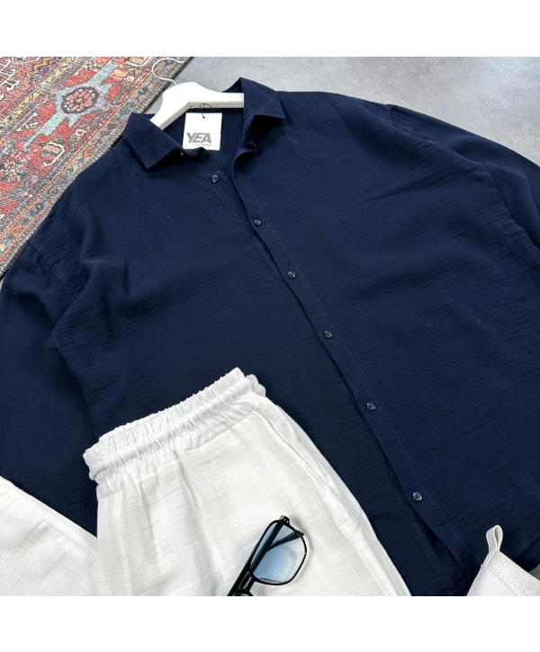 Erkek Lacivert Müslin Gömlek & Beyaz Pantolon Takım