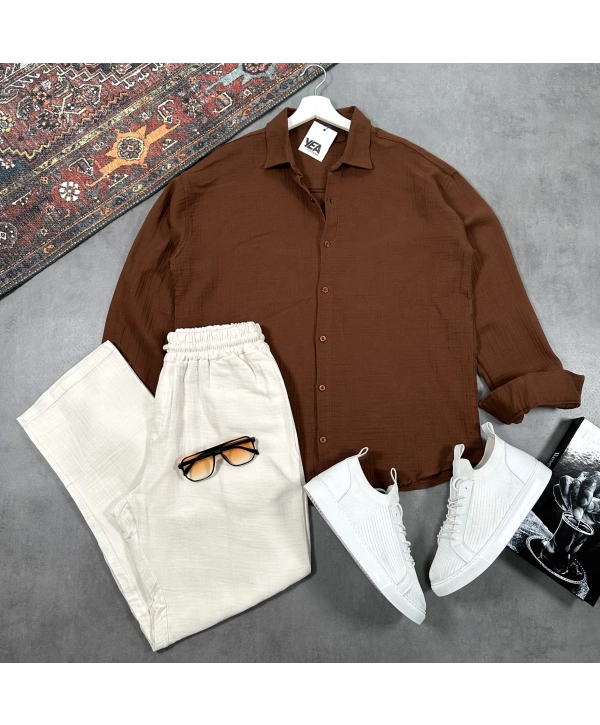 Erkek Kahverengi Müslin Gömlek & Beyaz Pantolon Takım