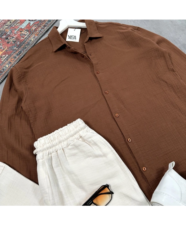 Erkek Kahverengi Müslin Gömlek & Beyaz Pantolon Takım