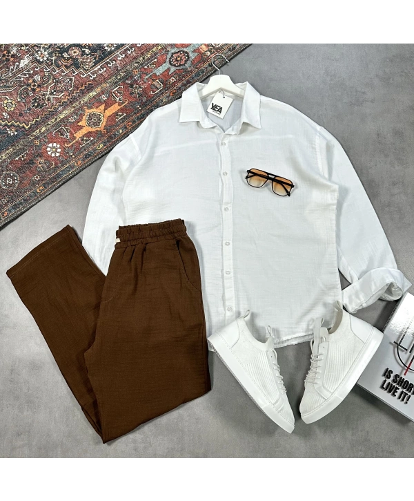 Erkek Beyaz Müslin Gömlek & Kahverengi Pantolon Takım