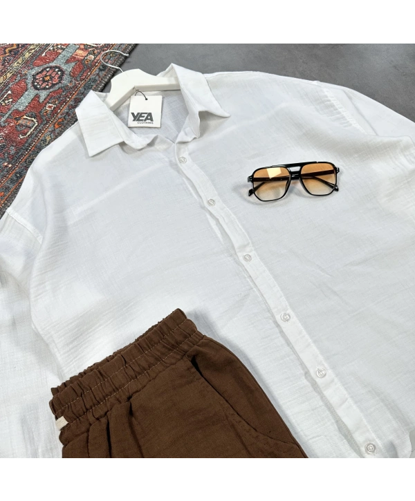 Erkek Beyaz Müslin Gömlek & Kahverengi Pantolon Takım