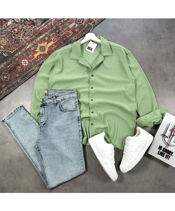 Erkek Yeşil Ottoman Fitilli Gömlek & Mavi Slim Fit Kot Pantolon 2li Set