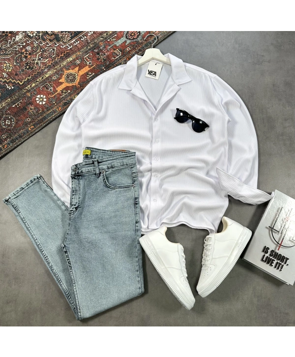 Erkek Beyaz Ottoman Fitilli Gömlek & Mavi Slim Fit Kot Pantolon 2li Set