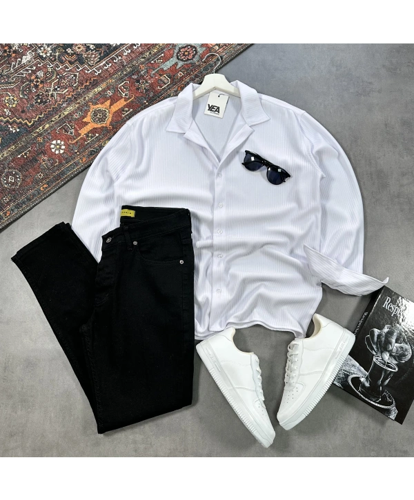 Erkek Beyaz Ottoman Fitilli Gömlek & Siyah Slim Fit Kot Pantolon 2li Set