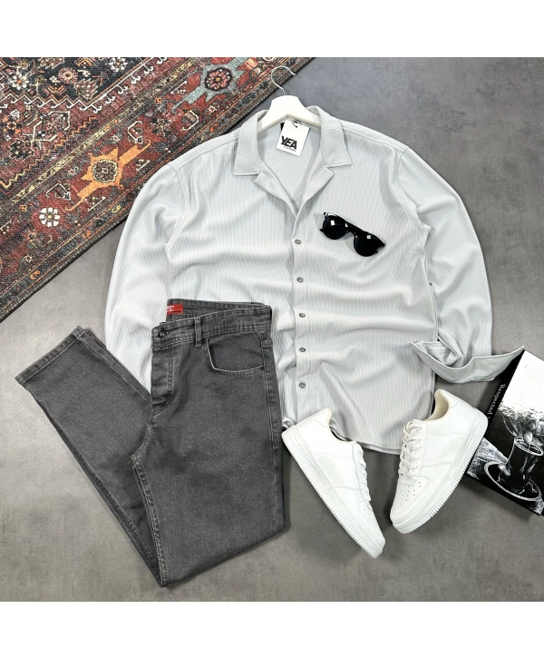 Erkek Gri Ottoman Fitilli Gömlek & Füme Slim Fit Kot Pantolon 2li Set