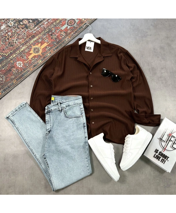 Erkek Acı Kahve Ottoman Fitilli Gömlek & Mavi Slim Fit Kot Pantolon 2li Set