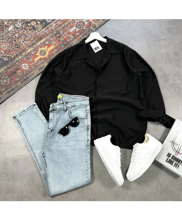 Erkek Siyah Ottoman Fitilli Gömlek & Mavi Slim Fit Kot Pantolon 2li Set