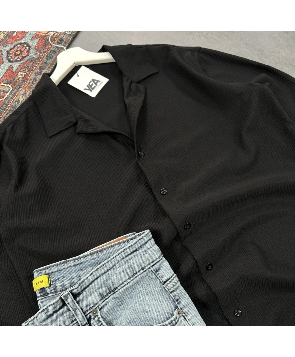 Erkek Siyah Ottoman Fitilli Gömlek & Mavi Slim Fit Kot Pantolon 2li Set