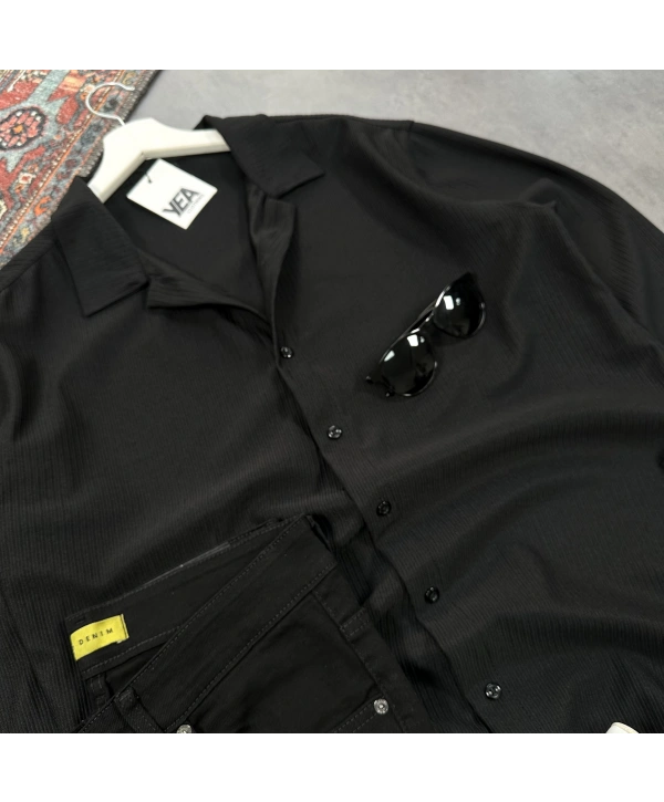 Erkek Siyah Ottoman Fitilli Gömlek & Siyah Slim Fit Kot Pantolon 2li Set