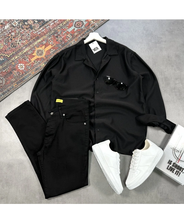 Erkek Siyah Ottoman Fitilli Gömlek & Siyah Slim Fit Kot Pantolon 2li Set