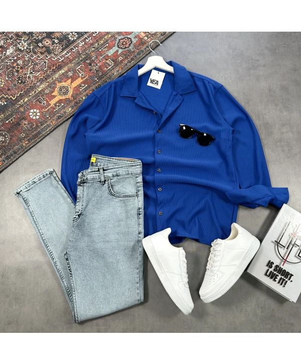 Erkek Lacivert Ottoman Fitilli Gömlek & Mavi Slim Fit Kot Pantolon 2li Set