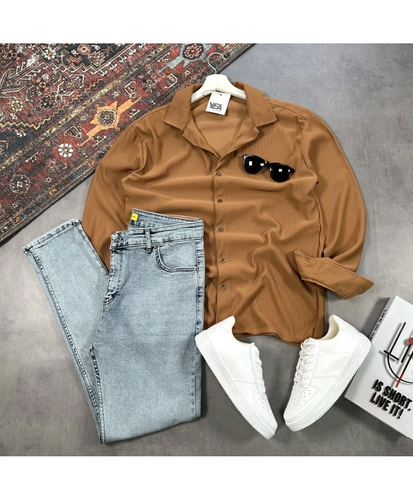 Erkek Kahverengi Ottoman Fitilli Gömlek & Mavi Slim Fit Kot Pantolon 2li Set