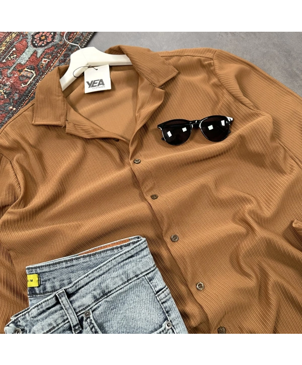 Erkek Kahverengi Ottoman Fitilli Gömlek & Mavi Slim Fit Kot Pantolon 2li Set