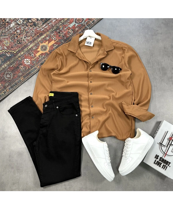 Erkek Kahverengi Ottoman Fitilli Gömlek & Siyah Slim Fit Kot Pantolon 2li Set