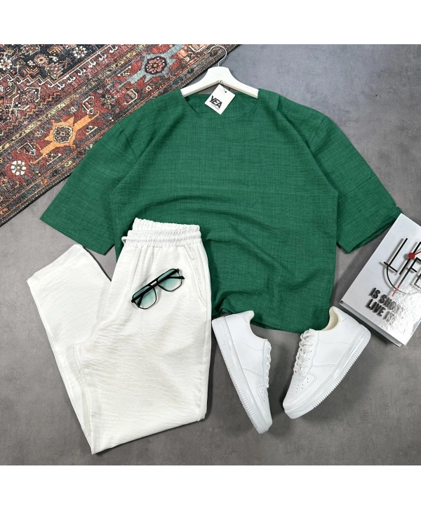 Erkek Yeşil Oversize Bisiklet Yaka T-shirt & Beyaz Pantolon Takım