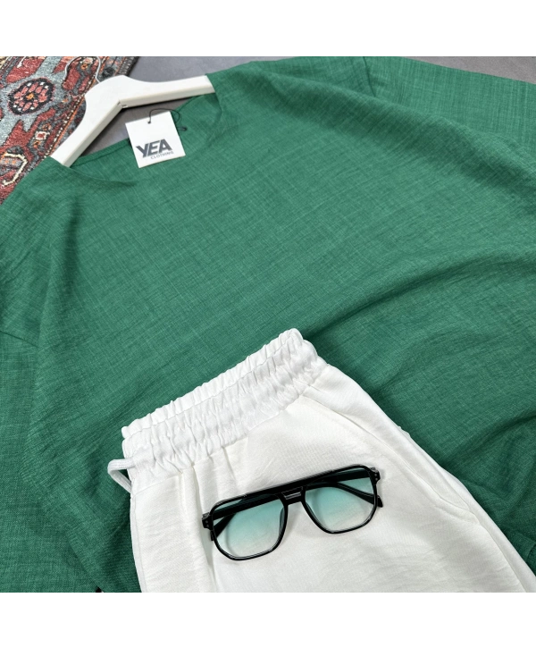 Erkek Yeşil Oversize Bisiklet Yaka T-shirt & Beyaz Pantolon Takım