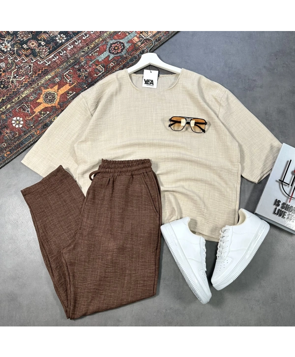 Erkek Bej Oversize Bisiklet Yaka T-shirt & Kahverengi Pantolon Takım