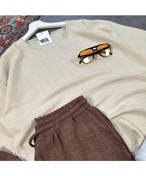 Erkek Bej Oversize Bisiklet Yaka T-shirt & Kahverengi Pantolon Takım