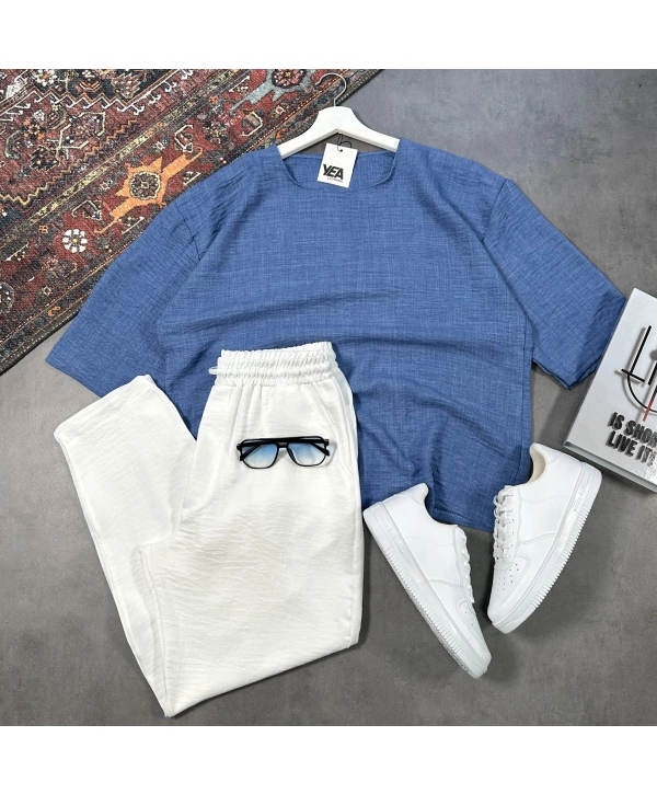 Erkek Lacivert Oversize Bisiklet Yaka T-shirt & Beyaz Pantolon Takım