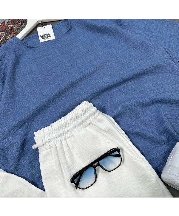 Erkek Lacivert Oversize Bisiklet Yaka T-shirt & Beyaz Pantolon Takım