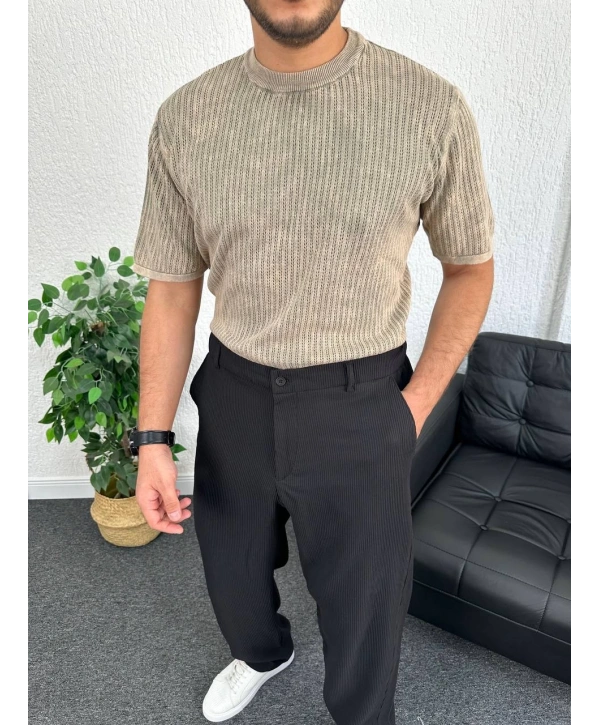 Bej Asit Yıkama Örme Kumaş Tişört
