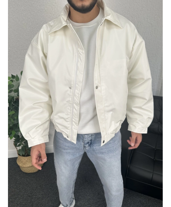 Bej Bomber Oversize Deri Ceket