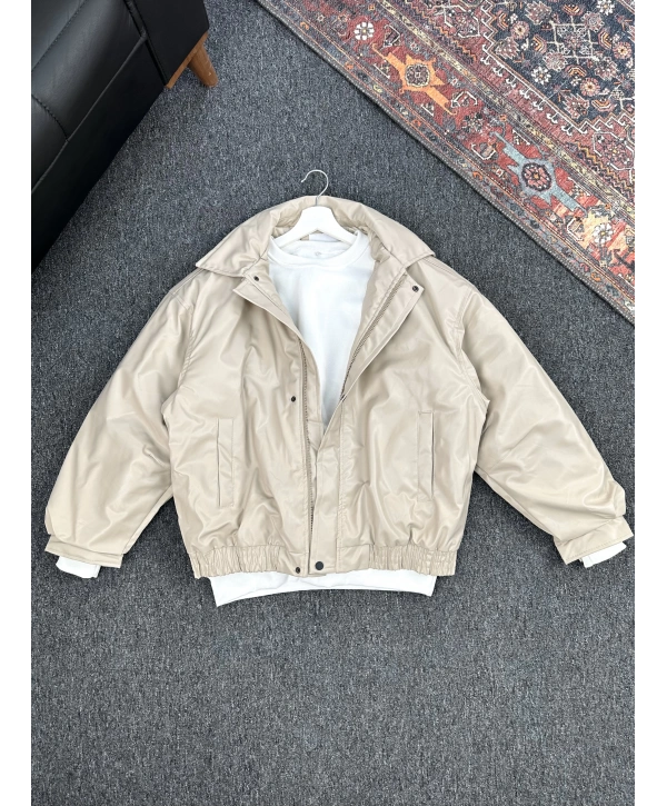 Bej Bomber Oversize Deri Ceket