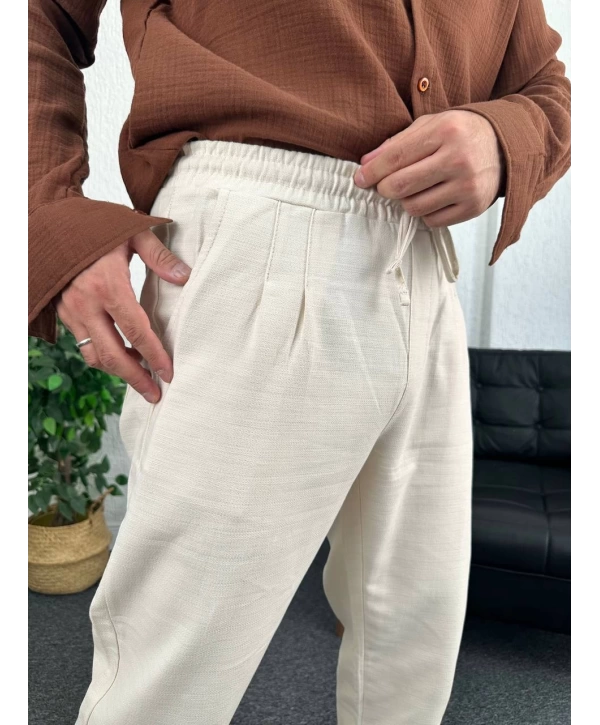 Bej Duble Paça Pileli Ham Keten Pantolon