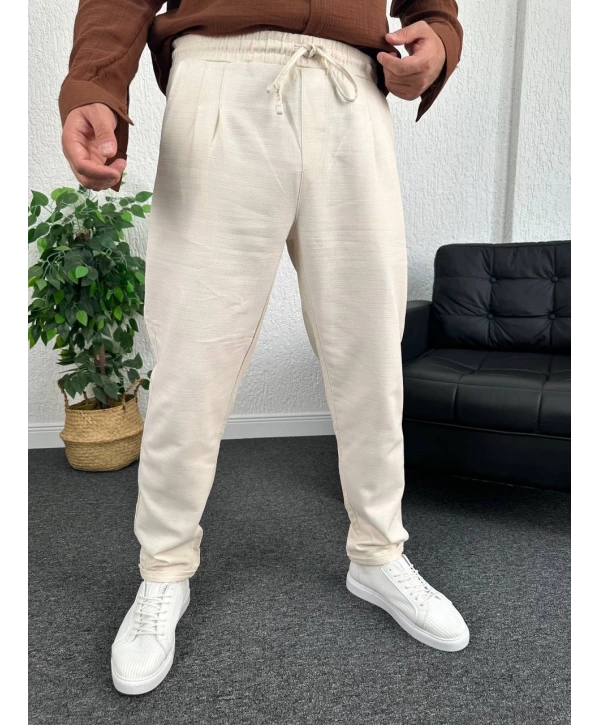 Bej Duble Paça Pileli Ham Keten Pantolon