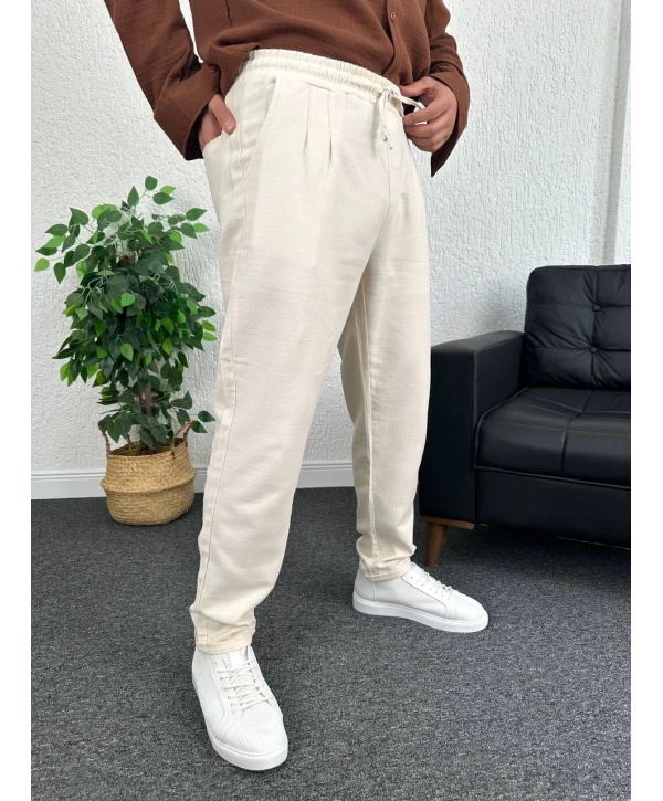 Bej Duble Paça Pileli Ham Keten Pantolon